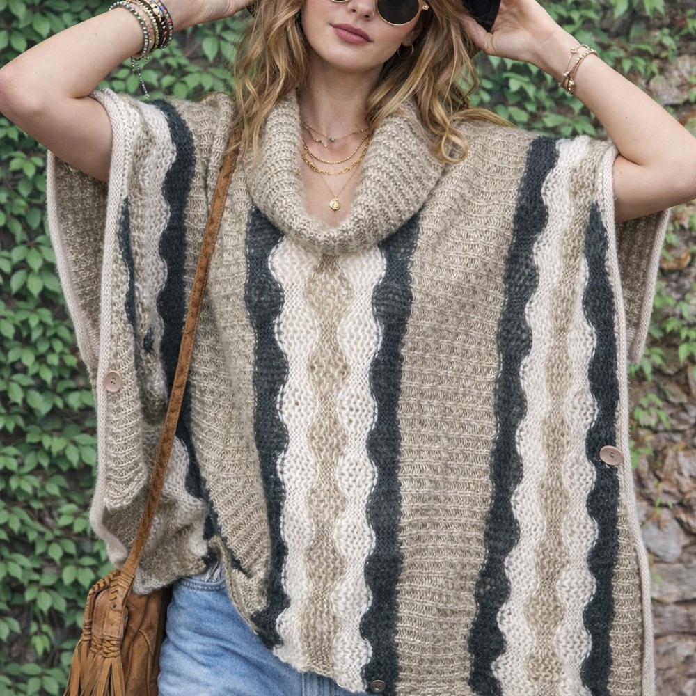 KEREN HART Boho Festival Oatmeal and Tan Cozy Wool Blend Cowl Neck Poncho, S/M - Picture 2 of 12